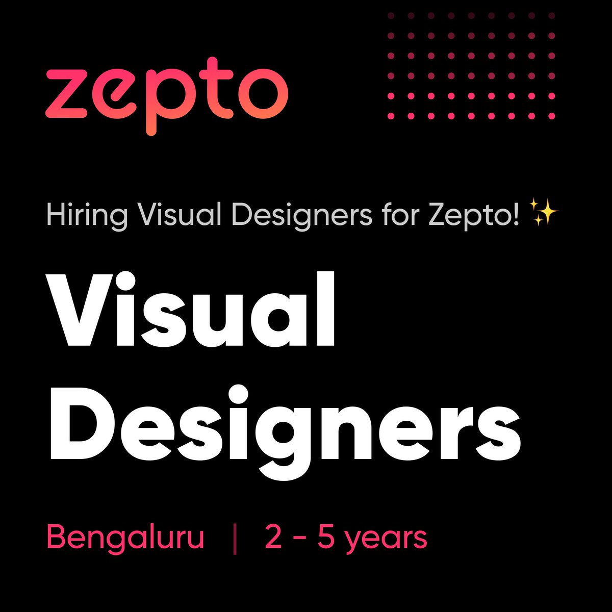 2sraval's tweet image. ✨Hiring for a Visual Designer at Zepto! ✨

Hey Designers! Zepto is on the lookout for a talented Visual Designer to join Zepto’s CreativeX team in Bangalore!

#visualdesigners #visualdesign #uidesigners #designjobs #designers #ui #hiring #BeingUser