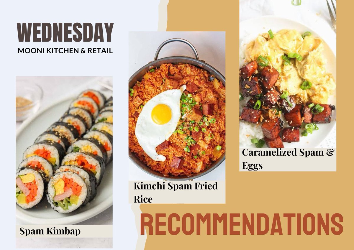 ㅡ TODAY'S MENU RECOMMENDATIONS
( 03/07/24 ) :
• Spam Kimbap
• Kimchi Spam Fried Rice
• Caramelized Spam &amp; Eggs

Boleh memesan menu lain selama masih berbahan dasar spam.