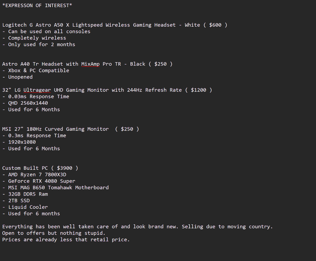 Thinking of Selling My Setup for when I move home.  

EOI for now. Message me for more details on each item. 

SHARES AND RETWEETS APPRECIATED :)