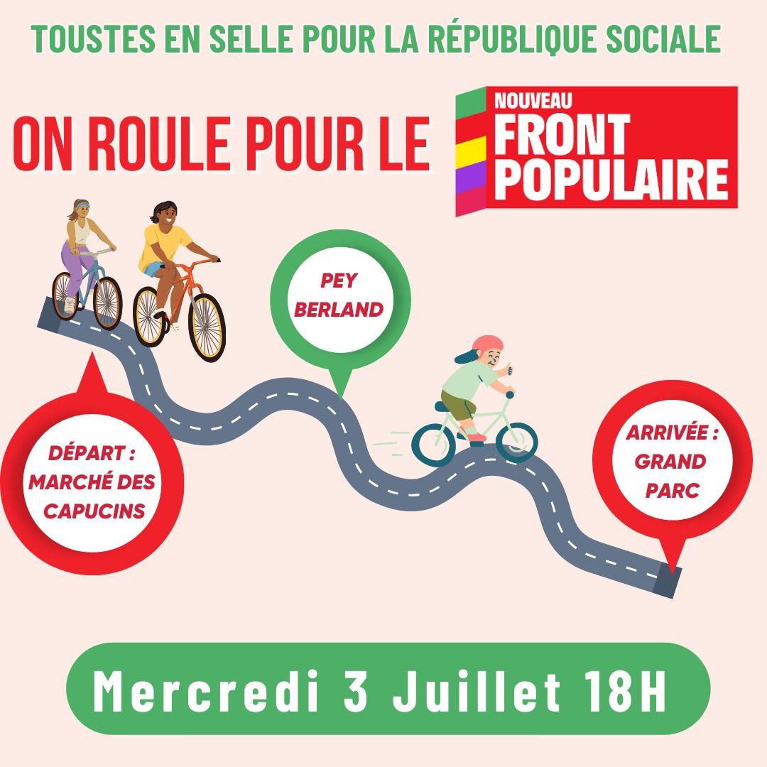 nthierry's tweet photo. Ce soir, on roule vers la victoire du #NouveauFrontPopulaire avec @PrudhommeLoic et @cpapinbdx ! 
On vous retrouve nombreux⸱ses pour le départ à 18h au marché des Capucins. https://t.co/gIHqDtXiFb