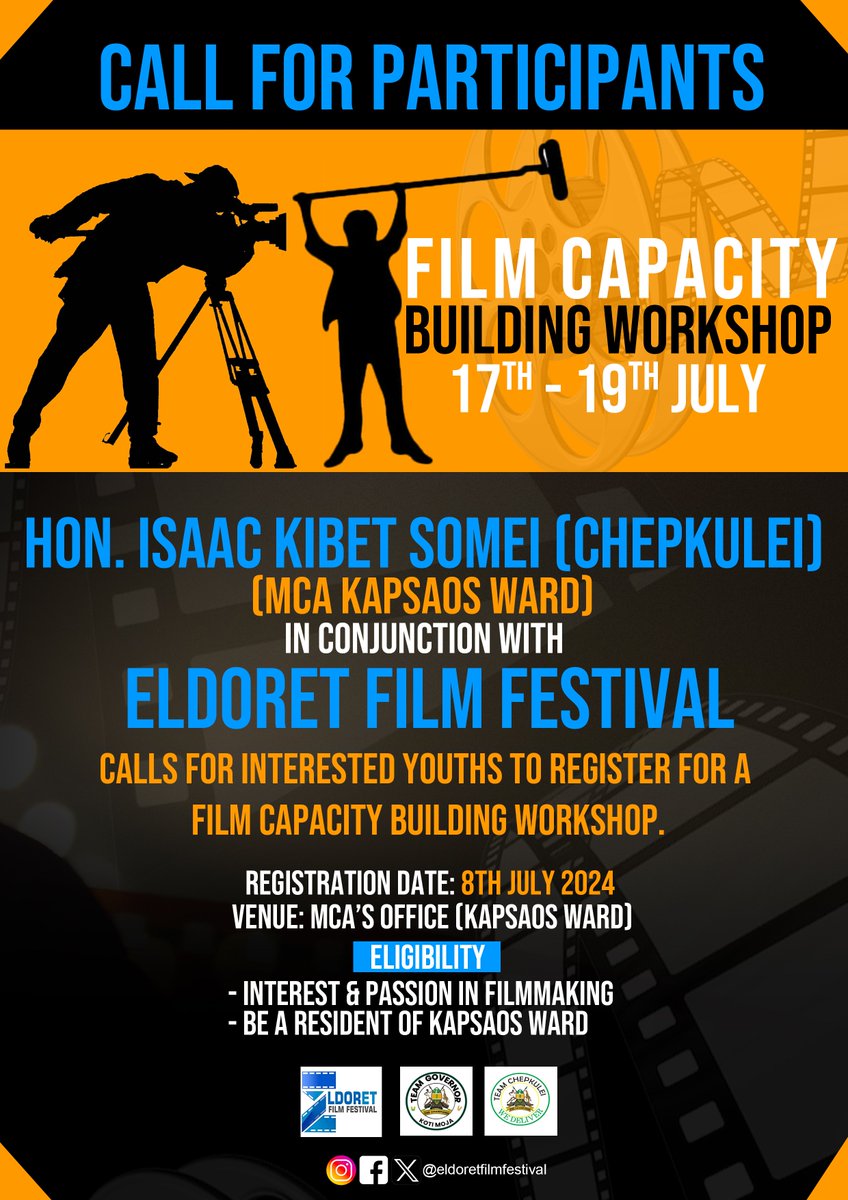 EldoretFilm's tweet photo. Are you a resident of The City of Champions, specifically Kapsaos Ward? You interested in learning filmmaking? Eldoret Film Festival in conjunction with the ward MCA  is giving you an opportunity to learn. Do register and we'll be with you from 17th to 19th July. @kenyafilmcomm https://t.co/5khSNqxLSr