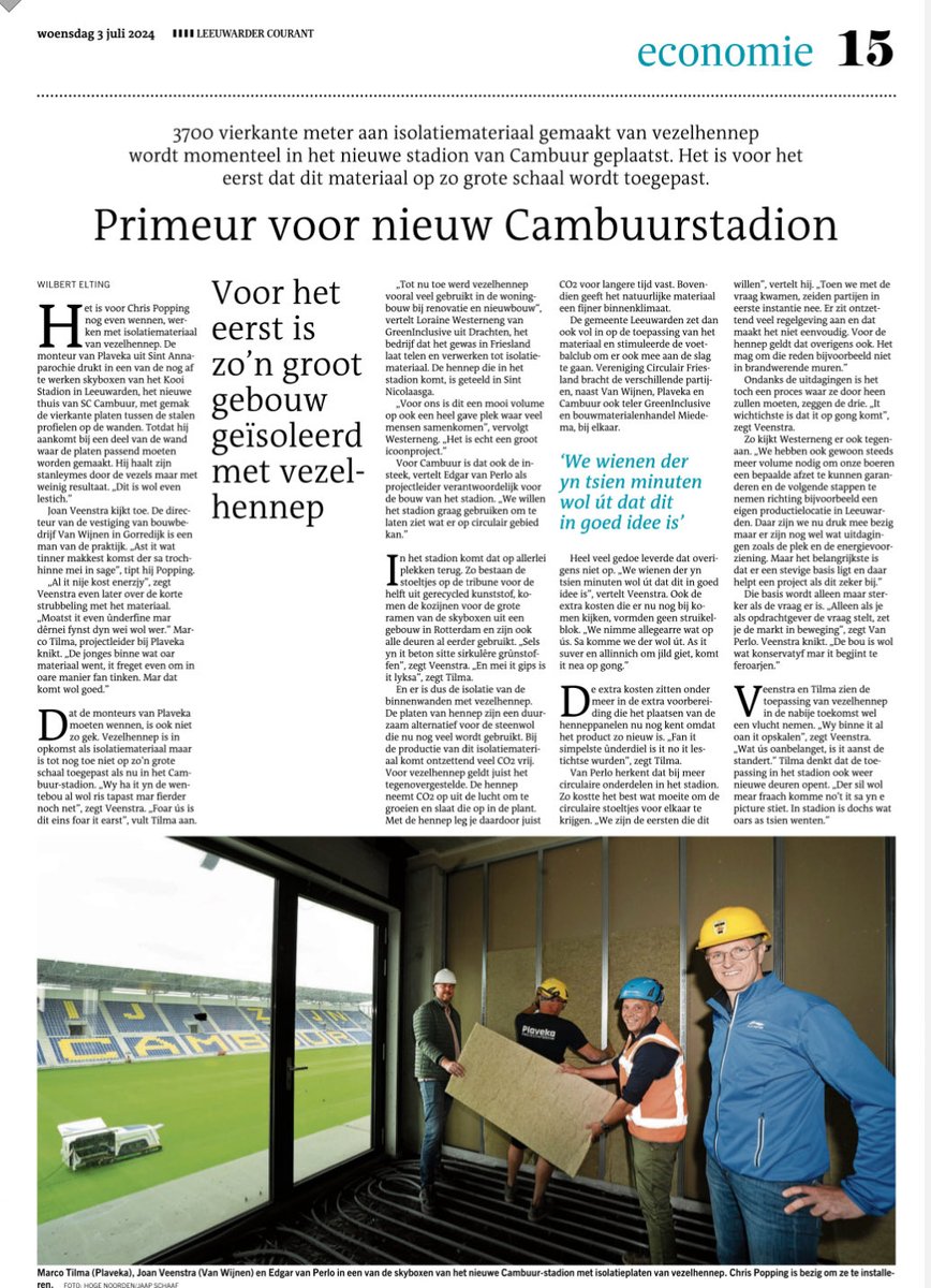 Vlaskrantje vandaag: SC Cambuur voorop in circulair bouwen en Boekbespreking ‘Fries vlas’. #circulairevernieuwing #lc