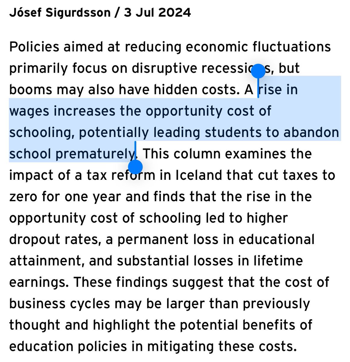 🤷‍♂️business cycles can scar on the upturn as well as the downturns?
👉wages rises in booms lead students to abandon school prematurely
➡️new evidence <a href="/voxeu/">VoxEU</a> 
🔗 cepr.org/voxeu/columns/…