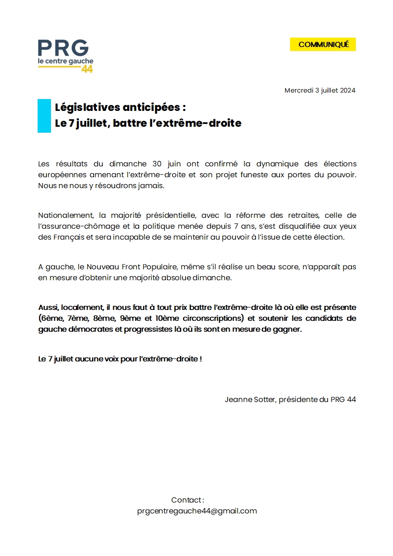 Communiqué | Il nous faut à tout prix battre l’extrême-droite là où elle est présente en #LoireAtlantique et soutenir les candidats de gauche démocrates et progressistes là où ils sont en mesure de gagner.
#électionslégislatives2024