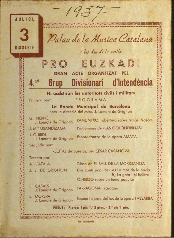 Almanacat Musical (@almanacat) on Twitter photo 3 de juliol de 1937: al <a href="/palaumusicacat/">Palau de la Música Catalana</a> s'oferia un Concert Pro #Euzkadi organitzat pel 4rt Grup Divisionari d'Intendència amb la <a href="/BandaBarcelona/">Banda Municipal BCN</a> dirigida per Joan Lamote de Grignon.
Programa de mà al <a href="/cedocpalau/">cedocpalau</a>: mdc.csuc.cat/cdm/singleitem… 3 de juliol de 1937: al <a href="/palaumusicacat/">Palau de la Música Catalana</a> s'oferia un Concert Pro #Euzkadi organitzat pel 4rt Grup Divisionari d'Intendència amb la <a href="/BandaBarcelona/">Banda Municipal BCN</a> dirigida per Joan Lamote de Grignon.
Programa de mà al <a href="/cedocpalau/">cedocpalau</a>: mdc.csuc.cat/cdm/singleitem…