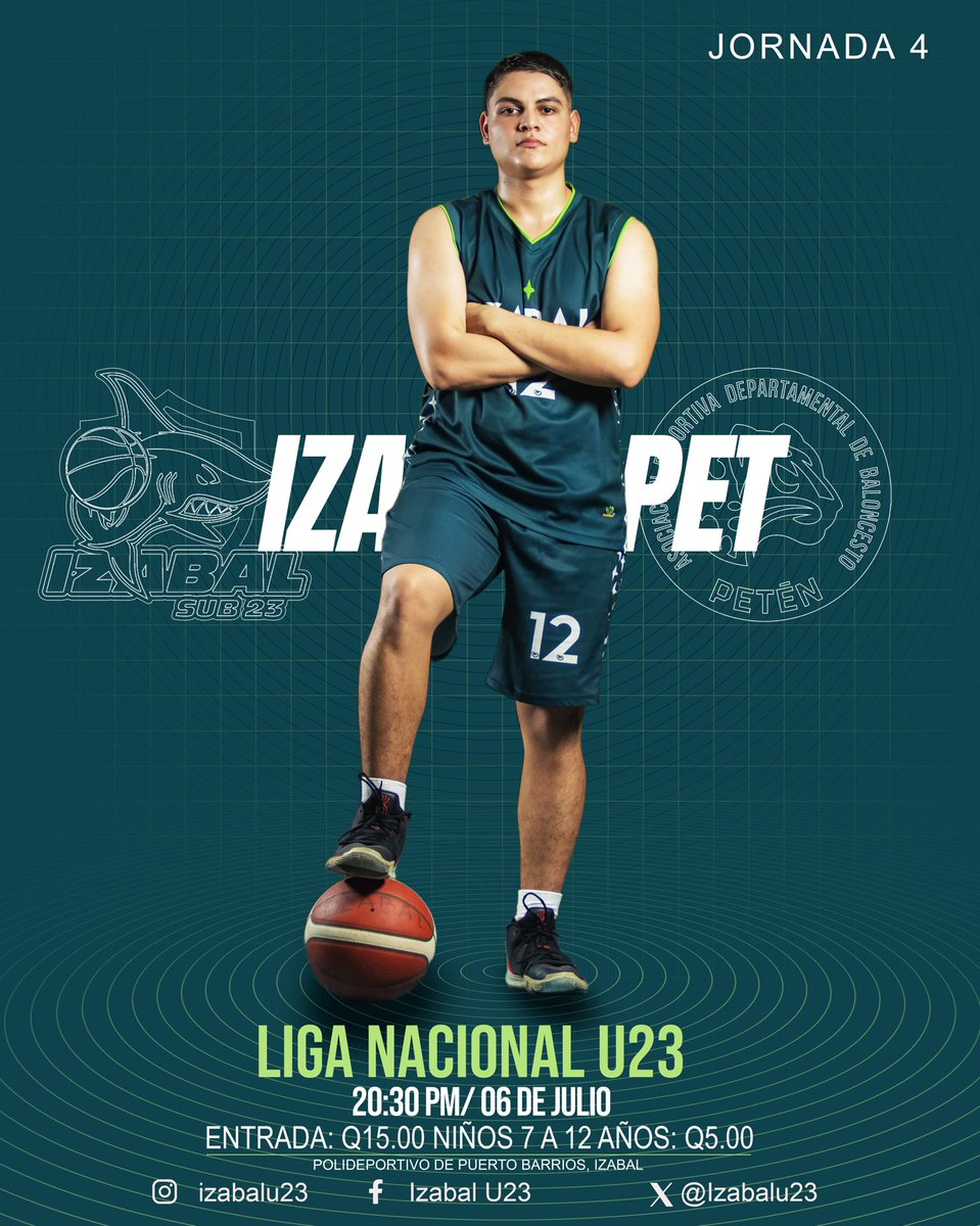 Izabalu23's tweet photo. 🚨CUARTA JORNADA LIGA NACIONAL U23🚨
🟡En su cuarto juego el equipo de IZABAL U23🦈 recibe al equipo de PETEN U23🐆, VEN Y APOYA A NUESTRA SELECCION 🏀🔥🦈
#liganacionalu23 #vamosizabal #teamtiburones🦈 #arribaeltiburón #basketball #fnbg #baloncestoguatemala🏀💪 https://t.co/Vuc0ISxAgI