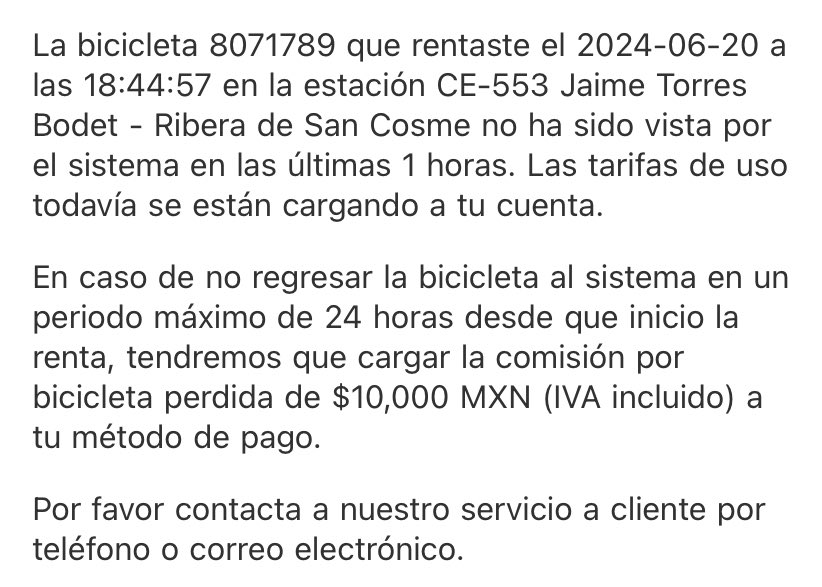 Fercha____'s tweet photo. si usan @ecobici estén pendientes de su correo, apenas hoy me di cuenta que hace una semana, se rentó una bici por casi dos horas lo cual me causó un cargo extra. Muy extraño porque mi tarjeta vinculada no la he perdido. Afortunadamente la devolvieron y solo pagaré $80. https://t.co/IMsh5zG1zG