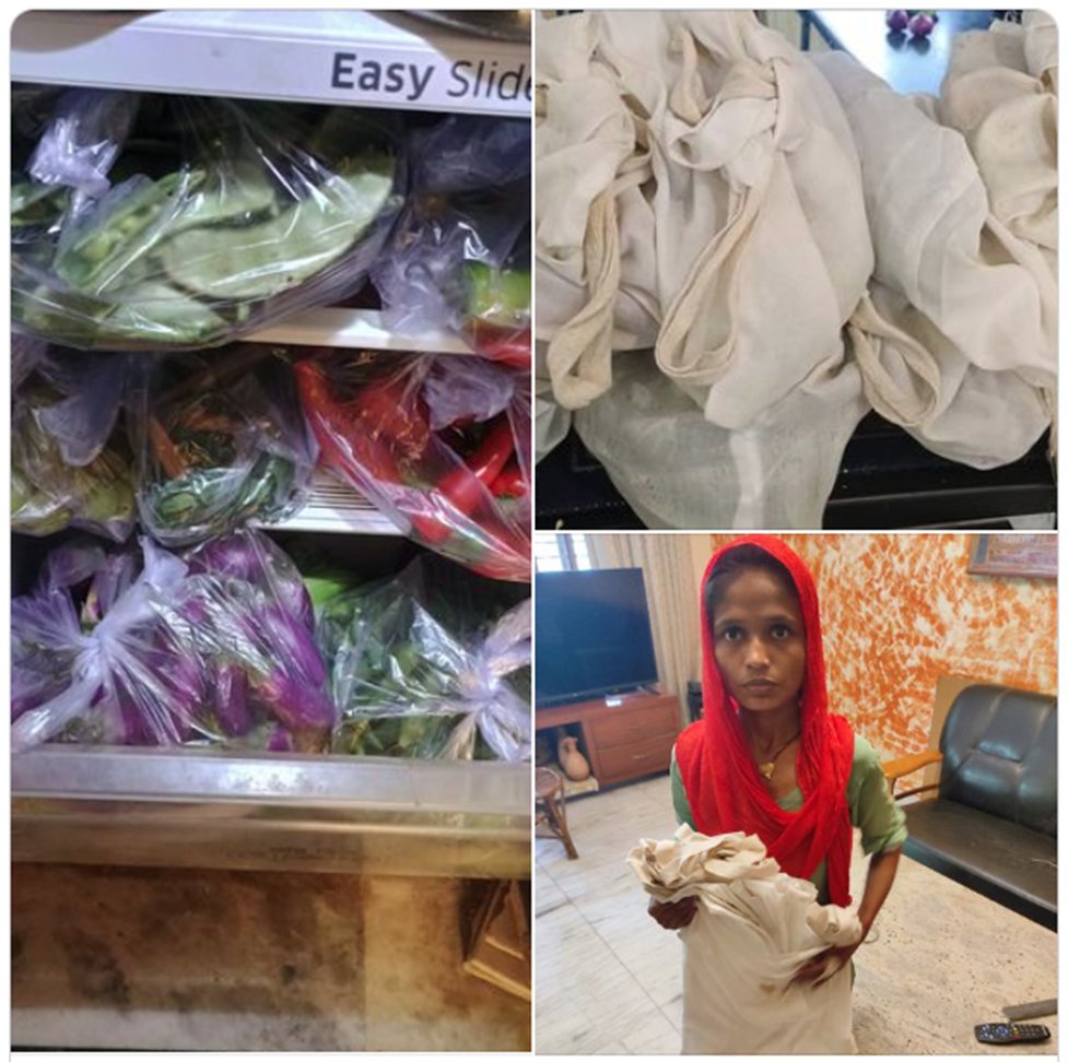 Replace the polythene bags with cloth bags. These cloth bags are handmade by marginalized women who need the money to run their households.
Vegetables and fruits in cloth bags have a longer shelf life, they are not carcinogenic.

#clothbags #anticancer #notoplastic