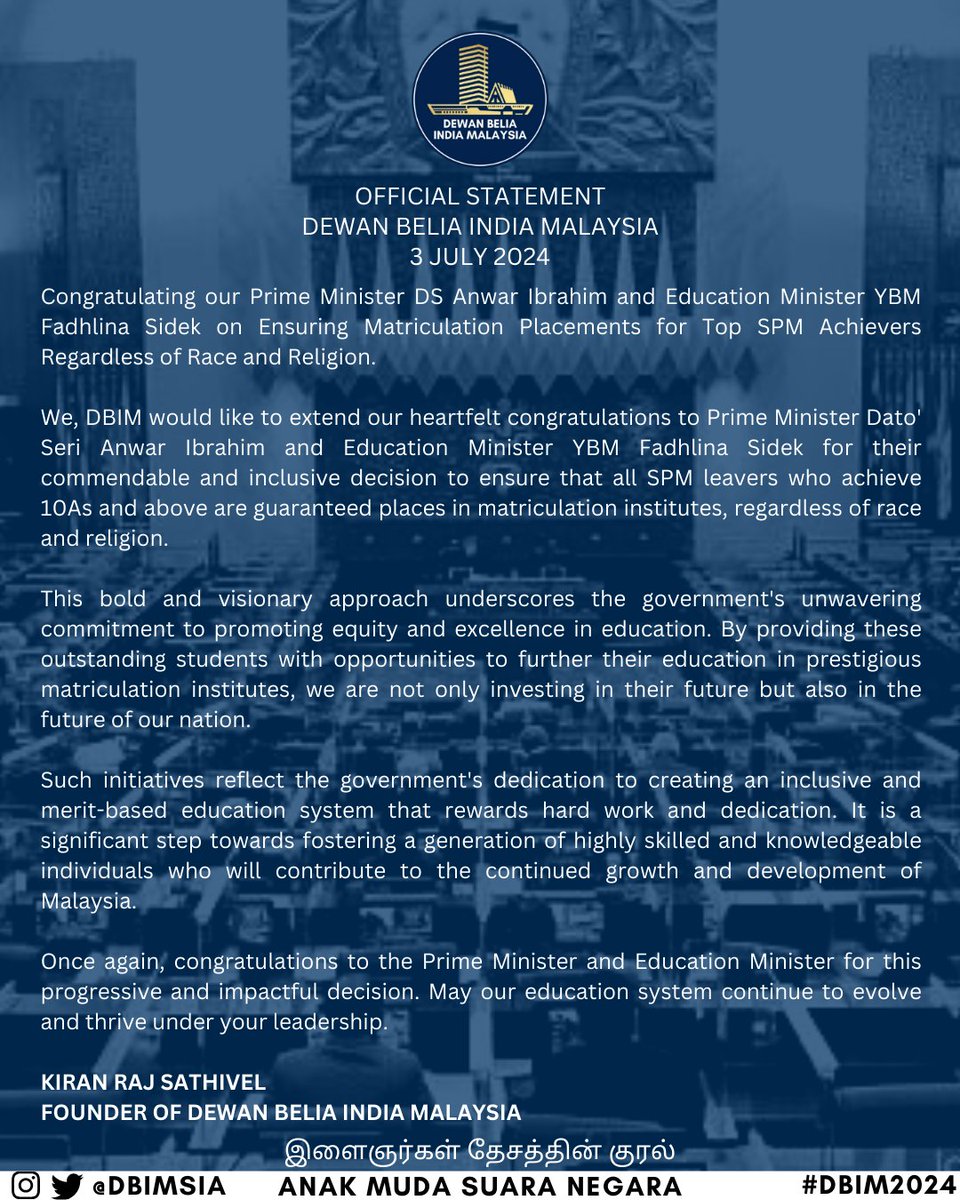 Official Statement of Dewan Belia India Malaysia | 3 July 2024

Congratulating our Prime Minister DS <a href="/anwaribrahim/">Anwar Ibrahim</a> and Education Minister YBM @FadhlinaSiddiq on Ensuring Matriculation Placements for Top SPM Achievers Regardless of Race and Religion.

<a href="/KiranRaj2305/">Lady Crypto - Millionaire in 2025! Follow and see</a>
Founder of DBIM
