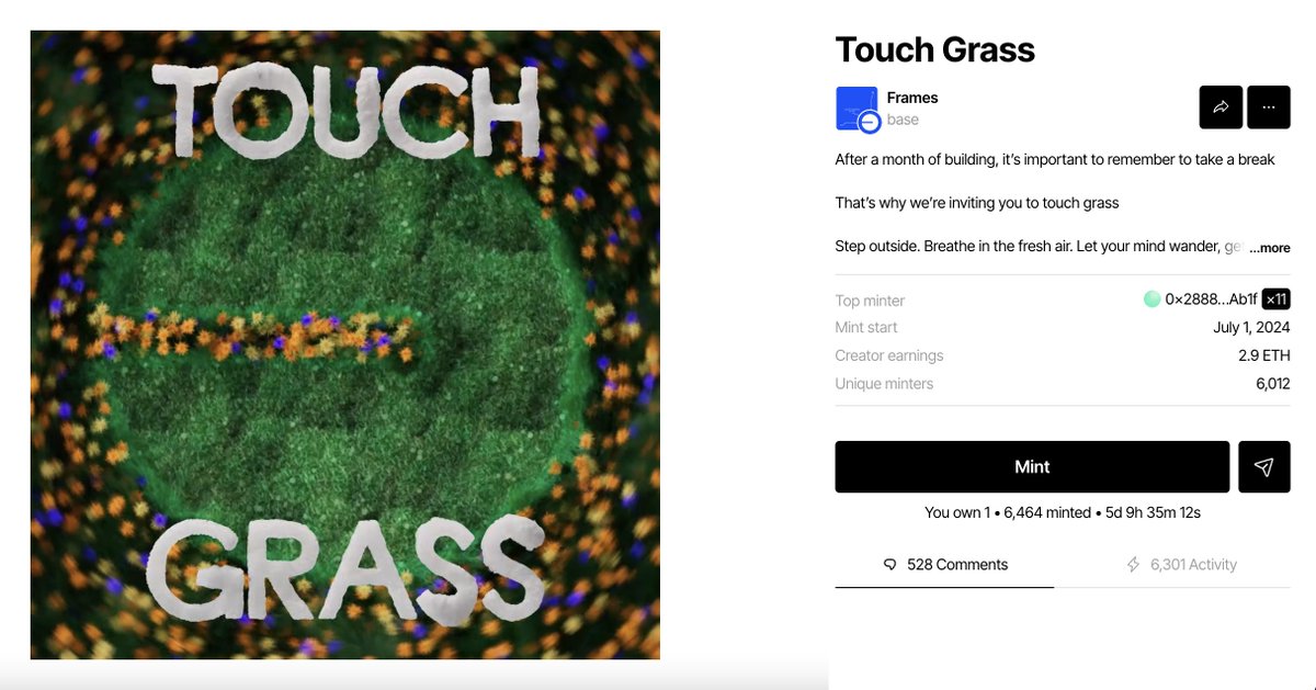 daboyshine's tweet photo. ✅"Touch Grass" by @base x @zora ✅

Base ปล่อย NFT มาบน Zora platform ให้มิ้นครับ 
ทางไป : https://t.co/60ibFF3hC0

นอกจาก NFT นี้ ใครที่เล่น Warpcast อยู่แล้วยังไปลุ้นรางวัลรวม 3 ETH ได้เพิ่มอีก
วิธี : โพสต์ภาพพักผ่อนชิลๆของตัวเองลงในห้อง /base-creators ที่ Warpcast แล้วรอประกาศผลวันที่ 7 July ครับ

🔵x🔮
DYOR