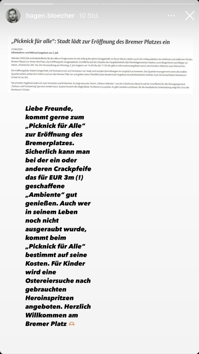 NoahBoernhorst's tweet image. Der Bezirksvorsitzende der JU Münsterland präsentiert sich angesichts der Eröffnung des Bremer Platzes menschenverachtend und populistisch. Das muss diese „Achtsamkeit“ sein, die OB Lewe gestern in den Mittelpunkt seiner Eröffnungsrede stellte.
#ratms