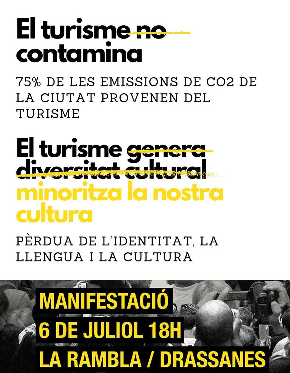 "El turisme és una fàbrica sense fums", han dit sempre
Doncs NO: a més dels impactes socials, genera el 75% de la petjada CO2 #Bcn
Per si fos poc, l'activitat turística intensiva arracona la llengua i la cultura locals.
El dissabte #6J, manifestació unitària #PosemLímitsAlTurisme