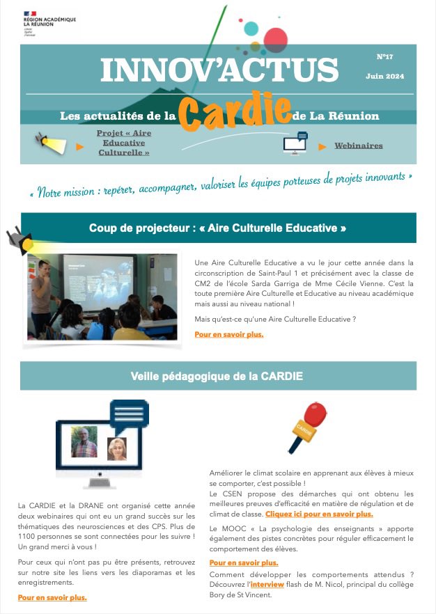 CardieReunion's tweet photo. 👀Avez-vous vu le dernier Innov’actus de cette année scolaire ? Au programme :
💡le projet « Aire Culturelle Éducative » dans la circo St Paul 1
▶️webinaires C. Gueguen et D. Favre
🧠le séminaire Lachaux
… Et bien plus ici 👉https://t.co/jv8nDpTCFo
@dmichel974 @AcLaReunion https://t.co/Y1HUq0uvE7