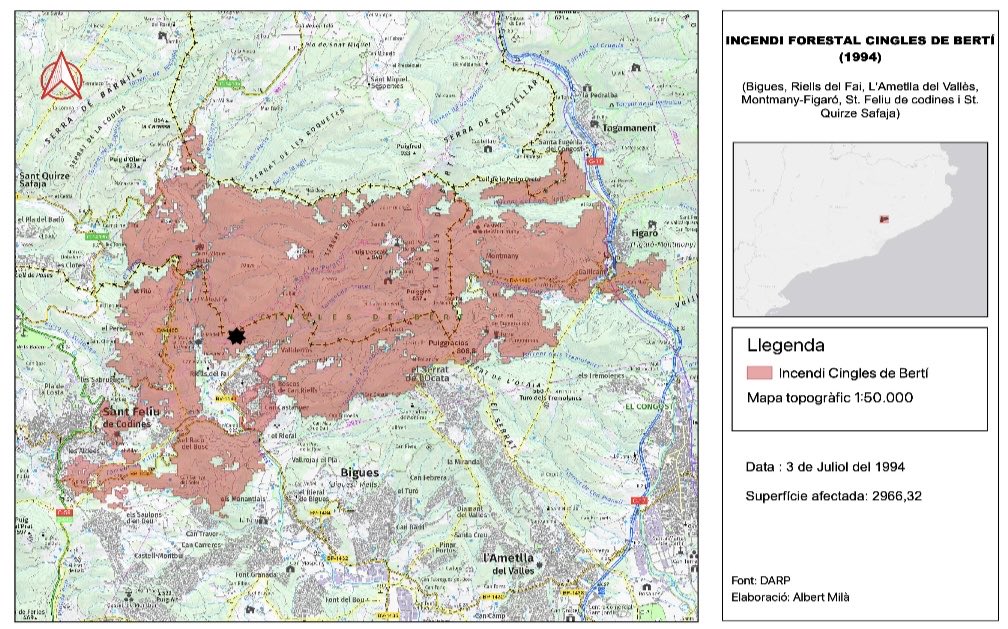 3-5de Juliol del 1994. Un incendi forestal ha cremat 2966ha als Cingles de Bertí. Afectant els municipis de <a href="/BiguesiRiells/">Bigues i Riells del Fai</a> <a href="/AjSQSafaja/">Aj.SantQuirzeSafaja</a> <a href="/Aj_Figaro/">Ajuntament de Figaró-Montmany</a> <a href="/AjAmetllaValles/">Ajuntament de l'Ametlla del Vallès</a> i Sant Feliu de Codines. <a href="/DelTenes/">Manc. Vall del Tenes</a> 
Perquè ha cremat? Com ha cremat? Què ha cremat? Pot tornar a passar?
Comencem 👇🏻