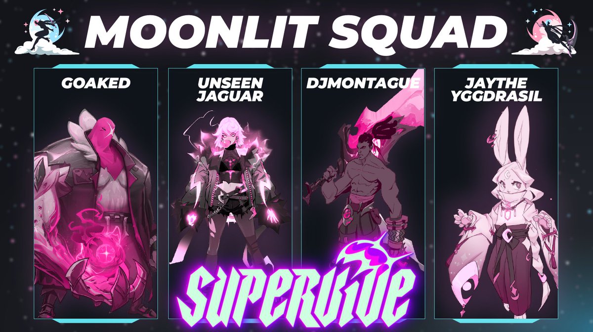MoonlitBGS's tweet photo. Moonlit Battlegrounds is proud to present the Moonlit Squad! Our #esports team for #SUPERVIVE
@DjMontague
@Goaked_
@JayTheYggdrasil
UnseenJaguar
Catch us on 4th of July for @theorycraft_inc's showmatch.
Also we'll be @loreggofficial's tournament in the near future!
#viving https://t.co/RATvpF0q9P