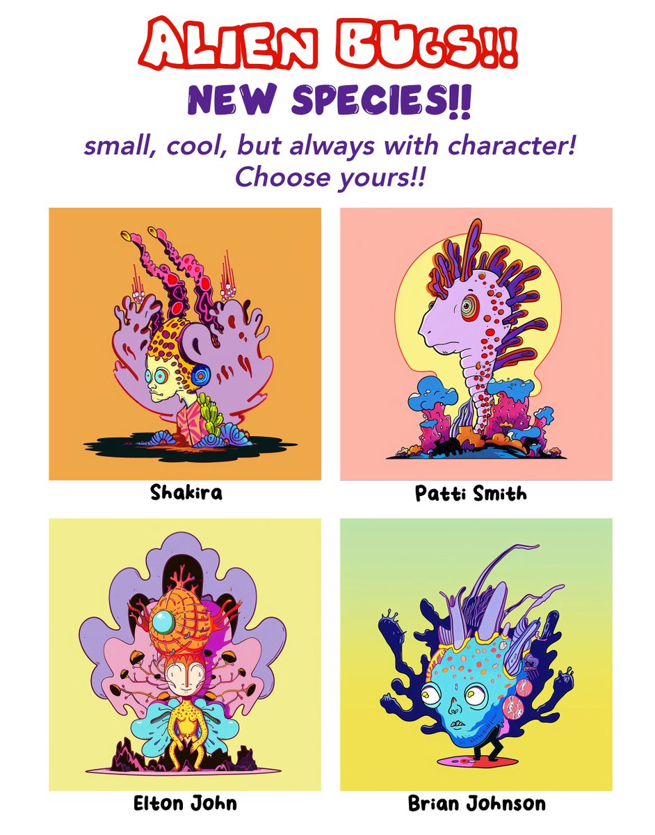 🚨 ALIEN BUGS 2 - New Species!! 🤗  
Their names are impossible for humans to pronounce, so they have borrowed the names of famous music stars.. 😍
Only 5 Alien Bugs left now!! 🥰🚀

All unique, like the name they bear —> 2 xtz
Listed 16 / Sold 11

objkt.com/users/tz2QMAAD…