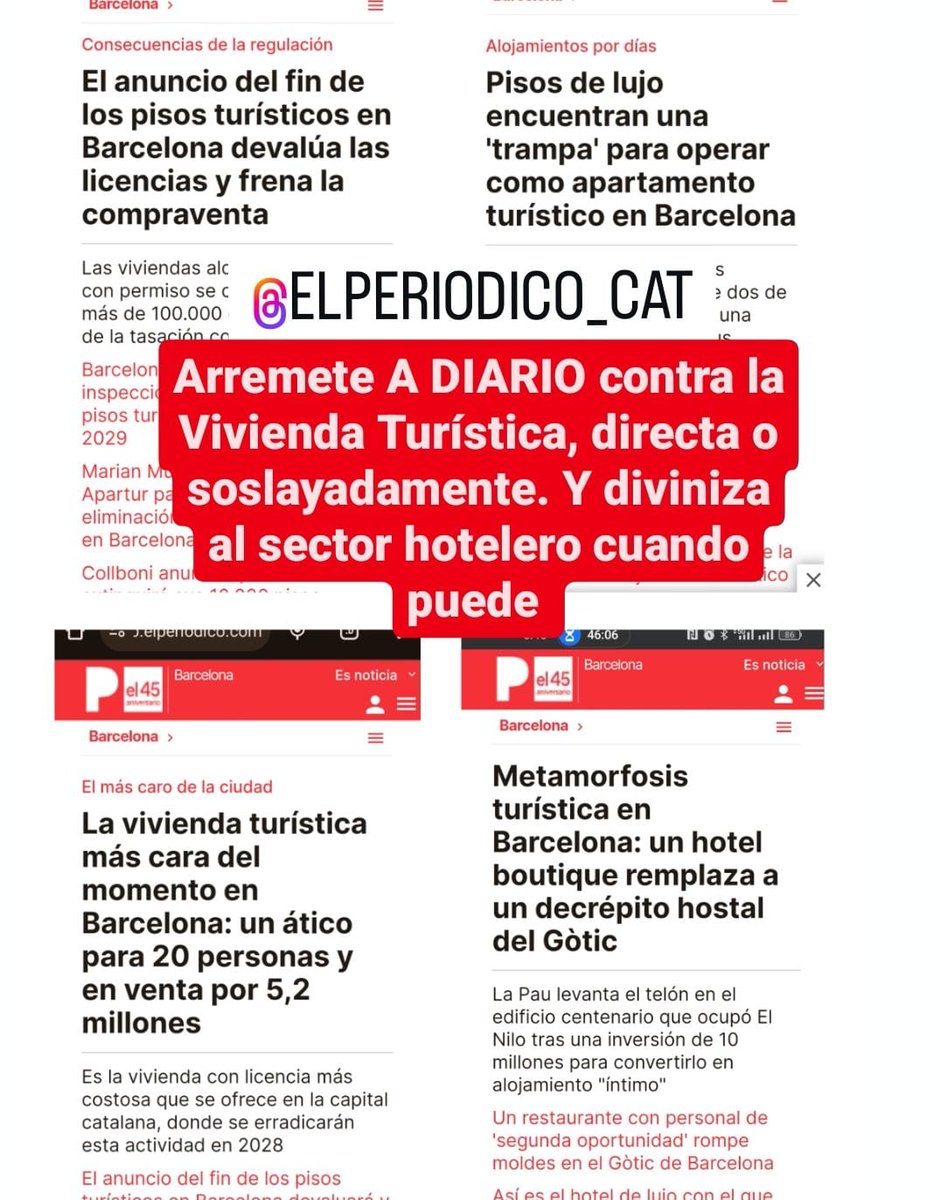 Sorprende el goteo DIARIO de noticias en <a href="/elperiodico_cat/">El Periódico</a> sobre #ViviendaTuristica. Ninguna en positivo (aunque las hay). Es una clara línea editorial donde prevalece la propaganda institucional y la adulación al Lobby Hotelero. #sesgomediatico por las nubes
<a href="/Patriciacastan9/">Patricia castan</a>