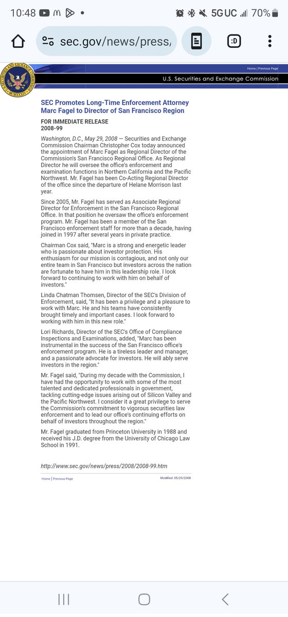 RareDealsHere's tweet photo. Here's the other part...

Patrick Byrne is a little eccentric to say the least, so for Fagel and the @SECGov to have gone so far as to subpoena journalists, the odds are that they just didn't take Byrne's word. 

Look at how hard it is to get a hearing/subpoenas for $MMTLP!

My theory is that the SEC actually did their job, they noticed irregularities and it prompted them to pursue those journalists.

But the higher-ups, the commissioners made it seem like they were overstepping. Knowing what we know about Overstock, Rocker & Cohodes, they were most likely wrong about not continuing the Investigation.

A couple years later, Fagel got promoted to Director of the San Francisco region. #MMTLPsetaDATE