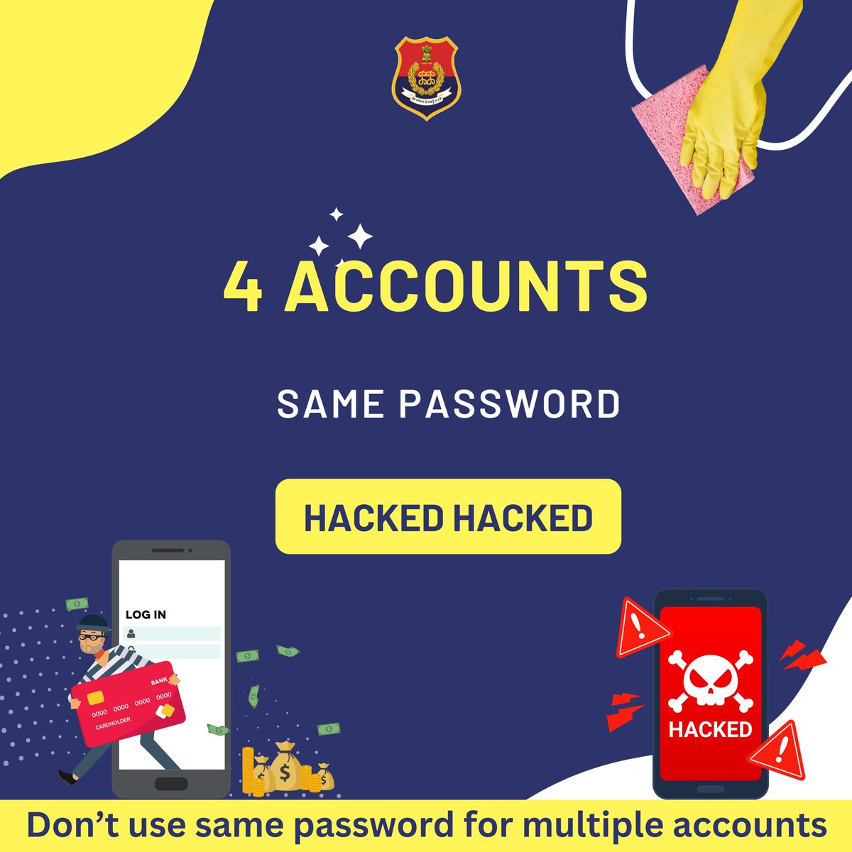 PathankotPolice's tweet image. Using the same password for everything? That’s a hacker’s dream! 🕵️‍♂️🚫 Keep each account safe with unique passwords. 

#PasswordProtection #CyberAware