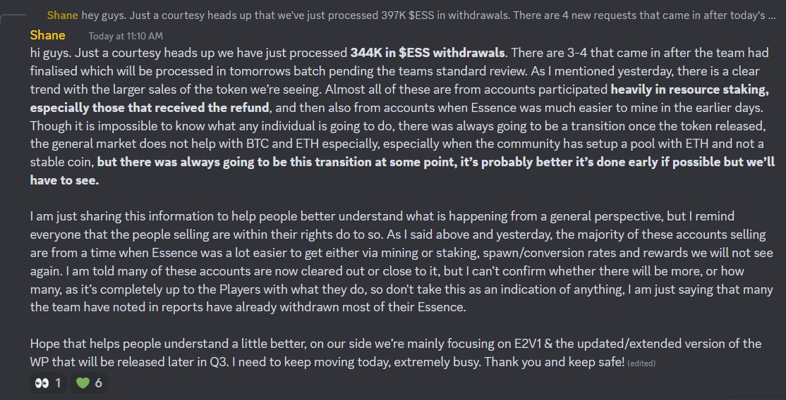 E2News's tweet photo. Is this the bottom for $ESS (#Essence)? 

Today @theshaneisaac shared in the #Earth2 discord that most of the heavy selling was from accounts that received easy Essence from either staking (including refunds) or from earlier when it was a lot more easy to mine, and that most of such accounts are cleared out or close to that. 

This could be interpreted as a bullish signal for Essence which has been in a downtrend since listing. There is also the factor of pent up volume from over 3 years, which would have seen many users exit their Essence holdings in one go thus putting more downward pressure

With Essence becoming harder to mine progressively and then later once halving comes at 500m supply, Essence could potentially see better days ahead especially with the Earth2's 3D world E2V1 around the corner.

#Metaverse #Web3