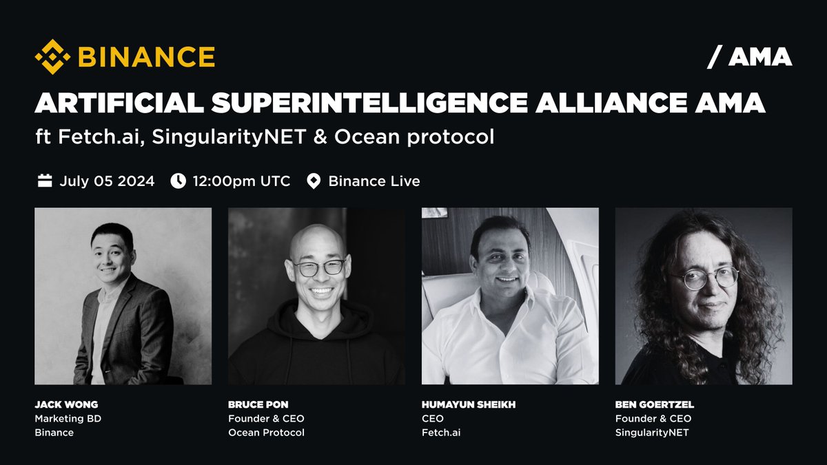 Join us on #Binance Live for an AMA with Artificial Superintelligence Alliance!

🗓️ July 5
⏰ 12:00pm UTC

Set a reminder 👉 binance.com/en/live/video?…