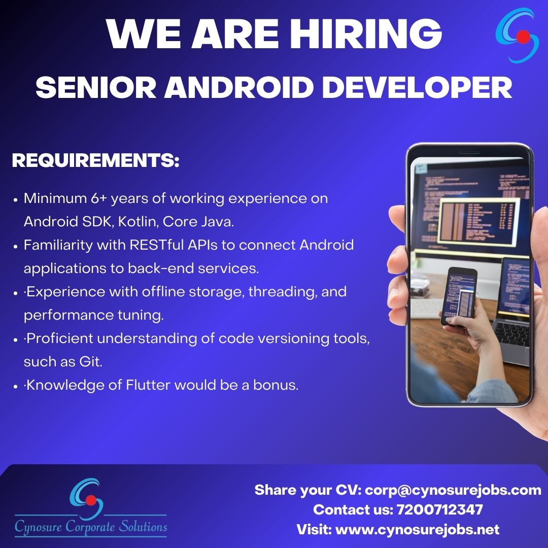 cynosurejobs's tweet photo. Hi all,

We are hiring for Senior Android Developer to work in Chennai.

Apply Now: https://t.co/DtaQMHiKyL 
Call: 7200712347
Email: corp@cynosurejobs.com

#android #androiddeveloper #GIT #androidnative #androidsdk #flutter #API #performancetuning #kotlin https://t.co/Xvze0Xeb0n
