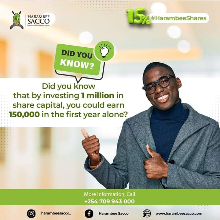 HarambeeDTSACCO's tweet photo. Did you know? You can earn a whopping Kes. 150,000 annually by investing in share capital!
Investing in share capital guarantees 15% dividends. Creating generation wealth starts today!
#ThisIsTheTurningPoint #ShareDrive #Investment #ShareCapital #FinancialFreedom #WealthB https://t.co/dQm0KKXxRi