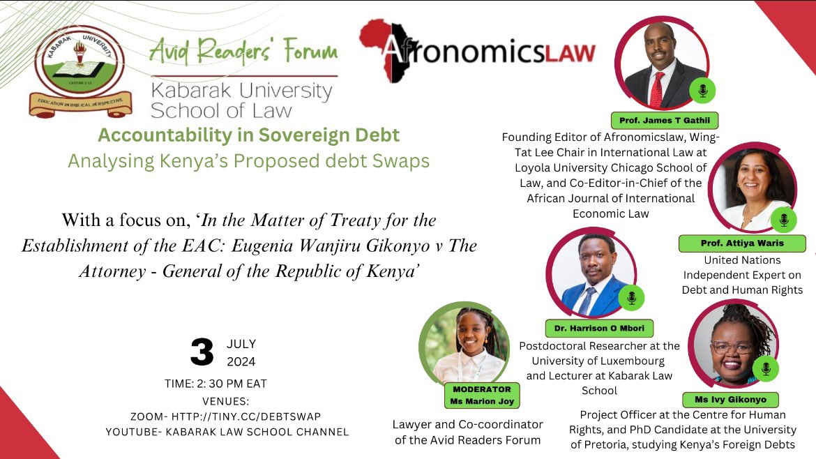 lawkabarak's tweet photo. We invite you to this informative session on accountability in public debt in Kenya, happening today at 2PM EAT.

Register to join via Zoom https://t.co/GLWl6yemRk or follow Youtube https://t.co/gfmbSfN3jA
For more details, see https://t.co/yUJ0dRPUFz
 @afronomicslaw @AttiyaWaris https://t.co/hedXonW9tA
