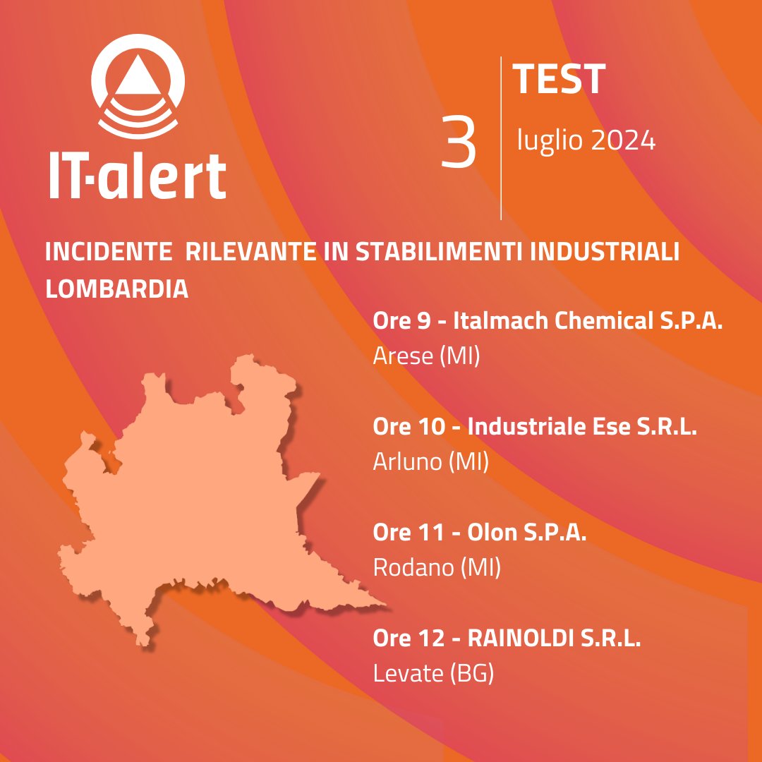 italertgov's tweet image. 🔔 #3luglio In programma oggi dalle ore 9 un'altra serie di test #ITalert in #Lombardia
📲 Se ricevi il messaggio di test, compila il questionario che trovi su it-alert.gov.it
💡 Ricorda: si tratta di test periodici necessari per ottimizzare la funzionalità del sistema