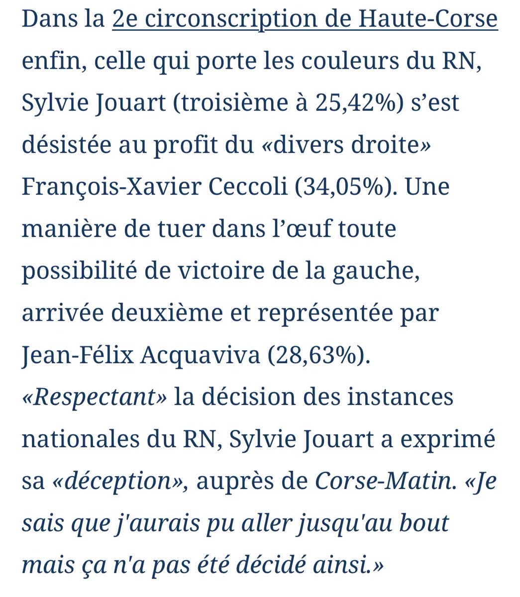BONAPARTELucie2's tweet photo. FX Ceccoli bénéficie de la stratégie nationale anti LFI (Front de gauche) du RN. Les candidats arrivés 3e se désistent pour faire battre d’éventuels députés mélenchonistes dans plusieurs circonscriptions
#Corse #législatives #Ceccoli https://t.co/UxjF4myxVP
