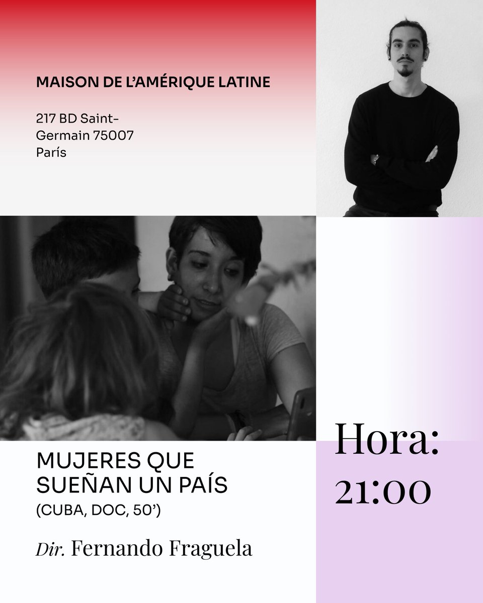 Hoy, en La  Maison de l'Amérique latine, muestra de los filmes

"Mafifa" de Daniela Muñoz Barroso (Premio Nicolás Guillén Landrián en el IV Festival de Cine INSTAR)

"Mujeres que sueñan un país" de Fernando Fraguela

Hora: 19:00 y 21:00 (GTM+2)
Lugar:  MAISON DE L’AMÉRIQUE