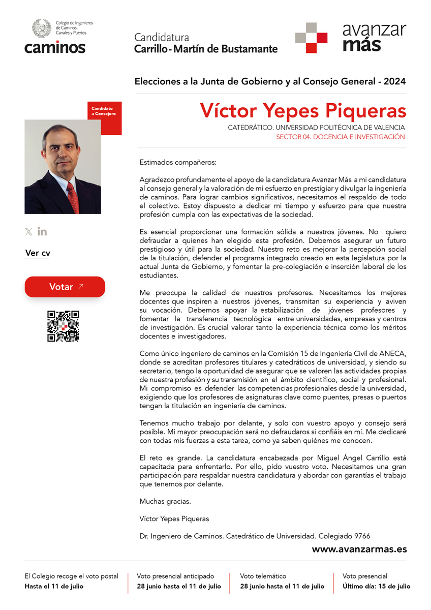vyepesp's tweet photo. ⭐ Ya se puede votar hasta el 11 de julio en https://t.co/frLW4mirnU
Quería compartir con vosotros que me presento como candidato al Consejo General del @Colegiocaminos  - Sector Docencia e Investigación. Podéis ver las propuestas en https://t.co/Z1VvtFrH7g
#ciccp. #iccp. https://t.co/rDPWitNVrK