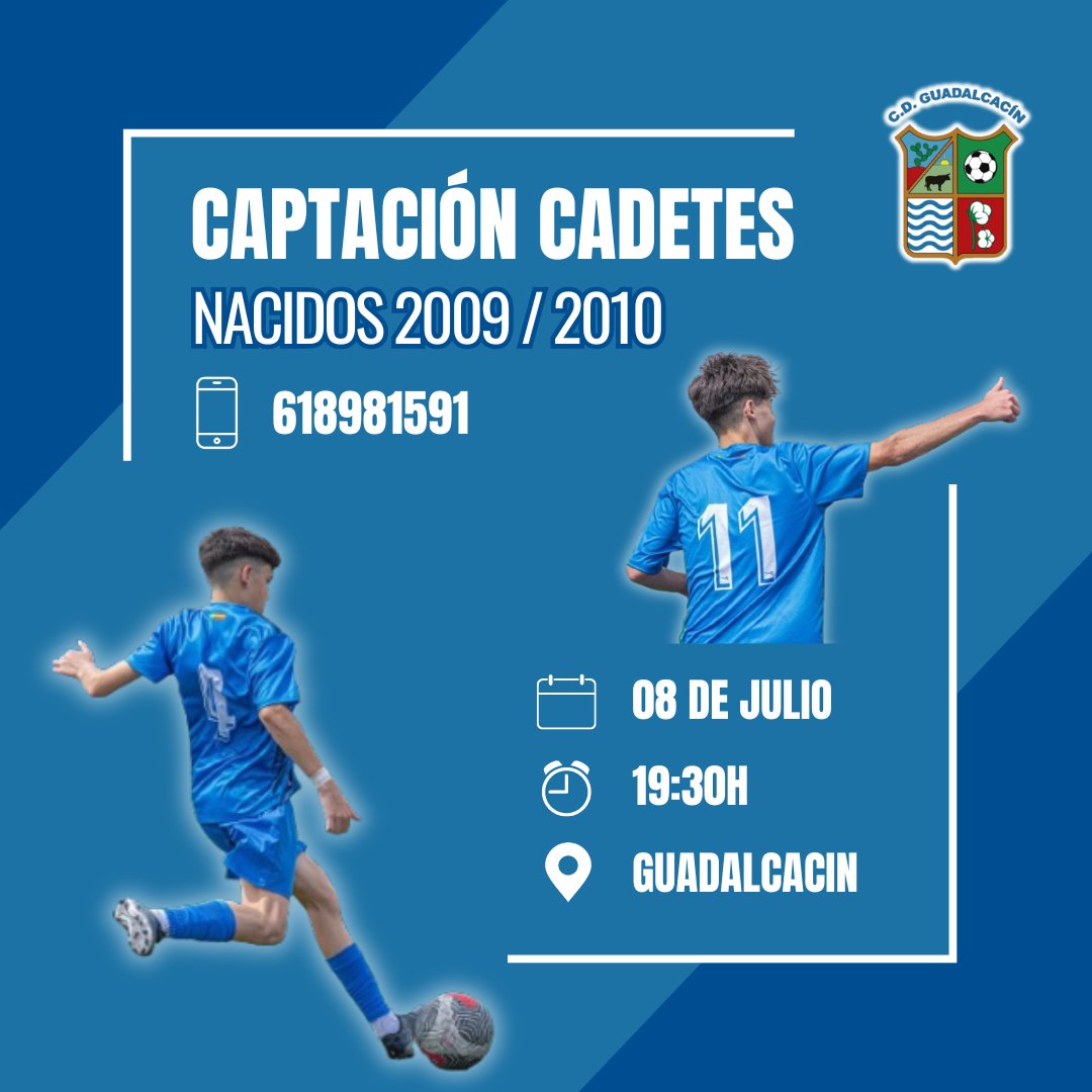 cdguada_oficial's tweet photo. 📌 CAPTACIÓN CADETE

La próxima semana abrimos las puertas a todas aquellos jugadores interesados en conocer a nuestro club. Si eres cadete no dudes en venir a probar‼️

📅 Lunes 08 Julio
⏱️ 19:30h - Nacidos 2009 y 2010

Más información vía WhatsApp al 📱618981591 https://t.co/J5s0ZpIZcM