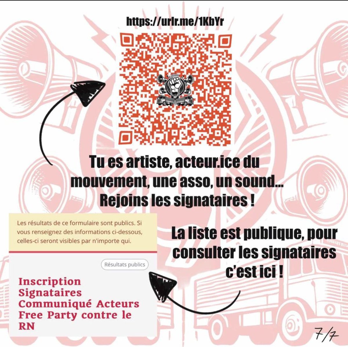 🏴 Appel à la mobilisation et au vote des acteurs de la Free Party. Car l'extrême droite et sa xénophobie seront toujours l'ennemi de nos libertés. L'unité est notre arme. 

Signez la pétition 🔽

framaforms.org/inscription-si…

#antifasciste #freeparty #tekno #culture23 #freedom