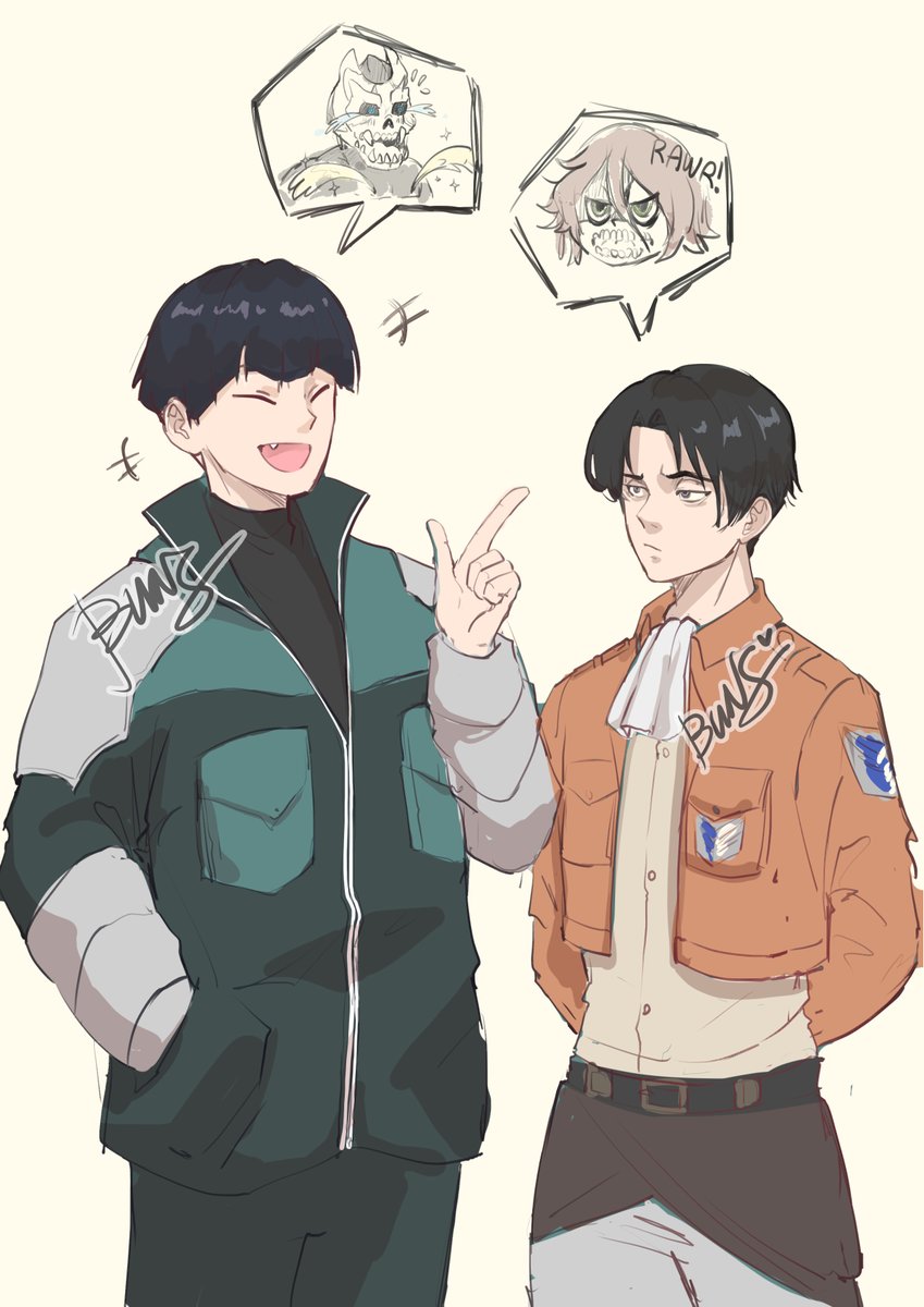 Bunsarts's tweet photo. Vice captain and squad captain talking

a kaiju that pees from his chest and a titan that doesnt have a peepee lol

#kaijuno8 #attackontitan #leviackerman #SoshiroHoshina #KafkaHibino #erenyeager #anime #mashup #fanart https://t.co/uqYvA1txbs