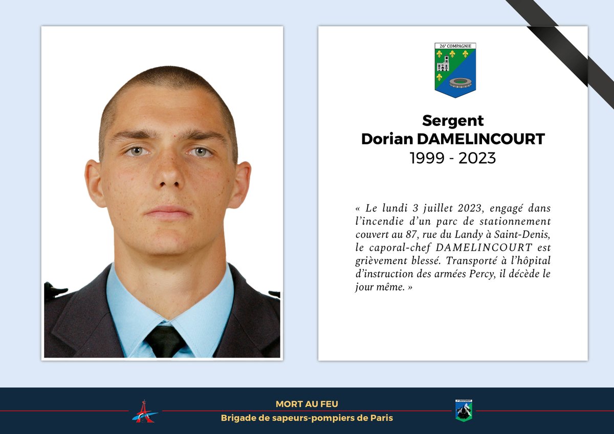 PompiersParis's tweet photo. #Hommage

Il y a 1 an, le sergent Dorian DAMELINCOURT, engagé dans l’incendie d’un parc de stationnement couvert à Saint-Denis, est grièvement blessé.

Transporté à l’hôpital, il décède le jour même.

Tous les lundis matin, son nom est cité lors de l'appel des morts au feu. https://t.co/bJ2YqHAFH0