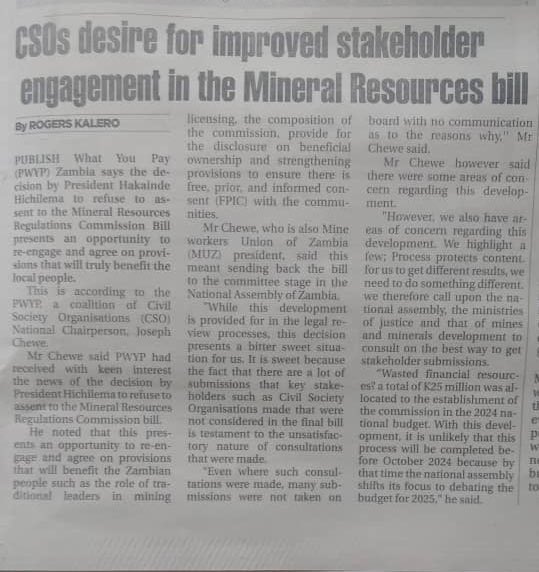 PWYP Zambia (@pwypzambia) on Twitter photo The @DailNationZM covered our statement on the Mineral Resources Regulations Commission (MRC) Bill of 2024 that the Head of State <a href="/HHichilema/">Hakainde Hichilema</a> referred to the National Assembly The @DailNationZM covered our statement on the Mineral Resources Regulations Commission (MRC) Bill of 2024 that the Head of State <a href="/HHichilema/">Hakainde Hichilema</a> referred to the National Assembly