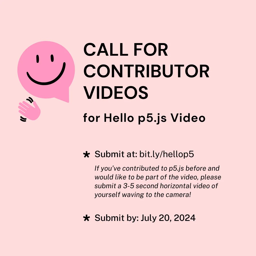 Pink flier with info about p5.js contributor video open call for the hello p5.js video, with a hot pink smiley face waving hand.