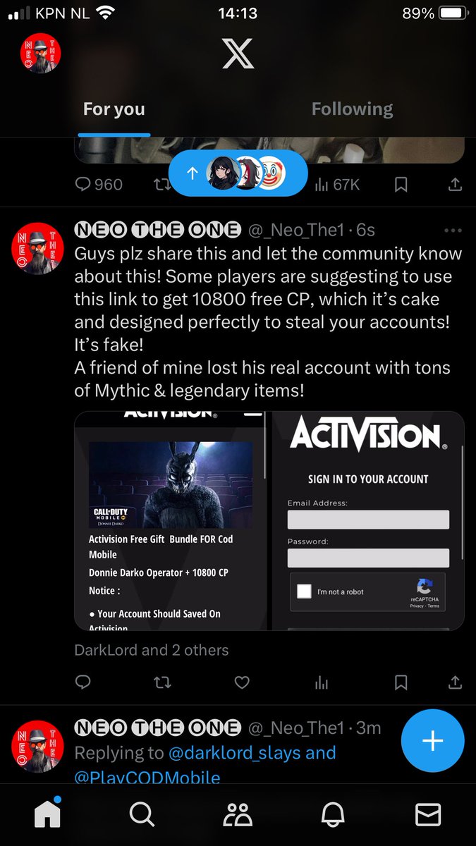 _Neo_The1's tweet photo. Guys plz SHARE THIS N let the community know about this!
Some ppl are suggesting to use this link to get 10800 FREE CP, which it’s fake N designed as a trap to steal accounts!
A friend of mine did it N lost his account with tones of Mythic &amp; legendary stuff! #CoDMobile #codm https://t.co/JsKwI2USUn