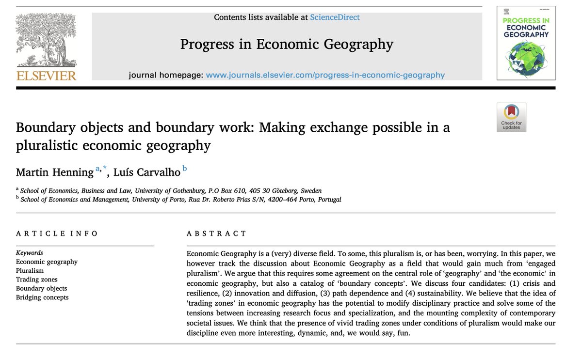 Progress in Economic Geography (PEG) (@progecongeo) on Twitter photo 📗New paper published in Progress in Economic Geography: 'Boundary objects and boundary work: Making exchange possible in a pluralistic economic geography' by Martin Henning and <a href="/LC_LuisCarvalho/">Luis Carvalho</a>
#economicgeography #pluralism #boundaryobject 📗New paper published in Progress in Economic Geography: 'Boundary objects and boundary work: Making exchange possible in a pluralistic economic geography' by Martin Henning and <a href="/LC_LuisCarvalho/">Luis Carvalho</a>
#economicgeography #pluralism #boundaryobject