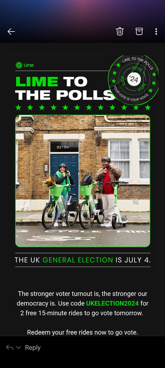 Got to say, this is a brilliant brand play from <a href="/limebike/">Lime</a>. Helping everyone to vote with free rides to and from polling stations👏👏 #Elections2024 #Vote #Marketing