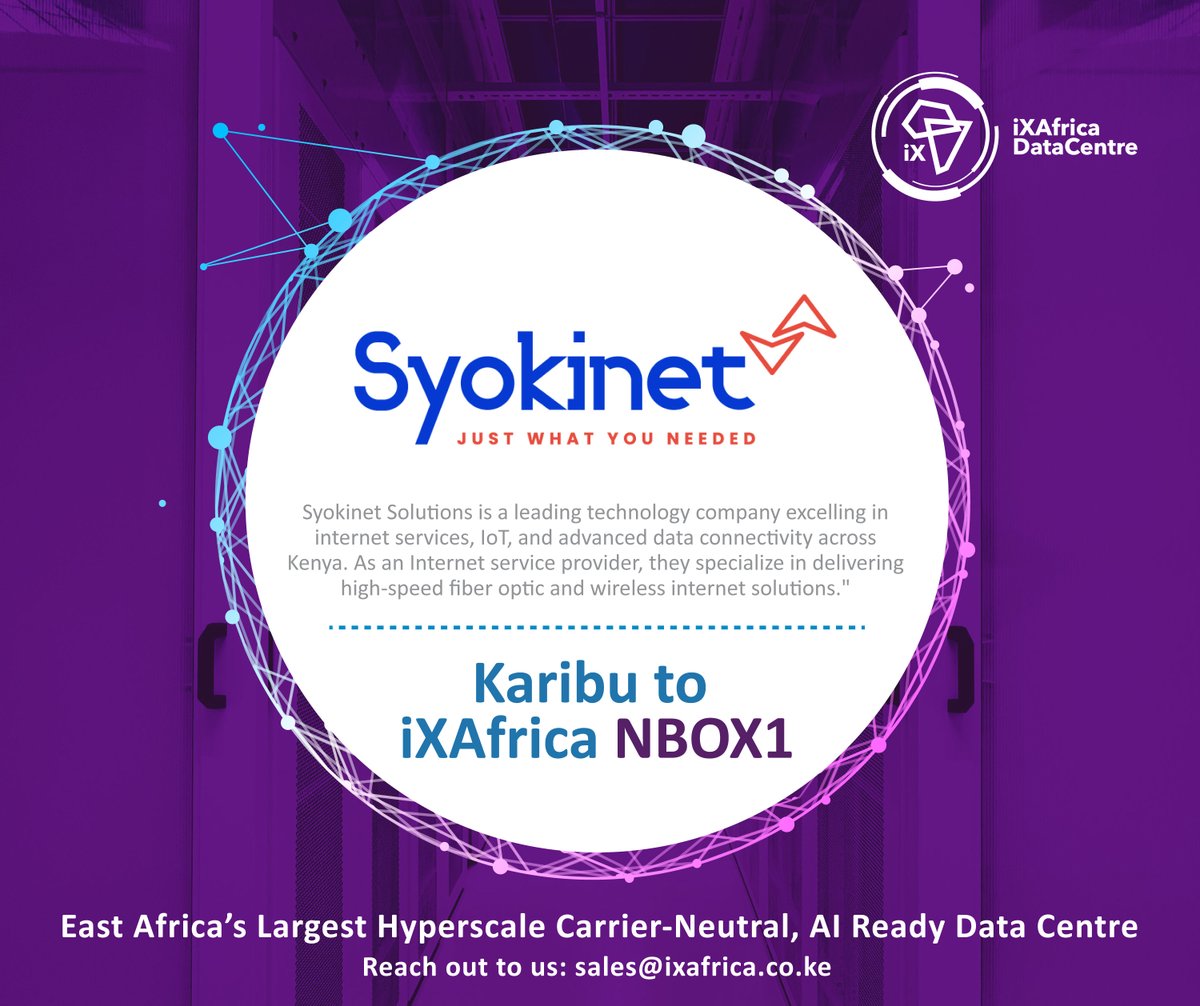 Karibu Syokinet Solutions Ltd to iXAfrica! 
Happy to host your PoP at our NBOX1 datacentre.

#connectivity #iXAfricaNBOX1 #datacentre #internet