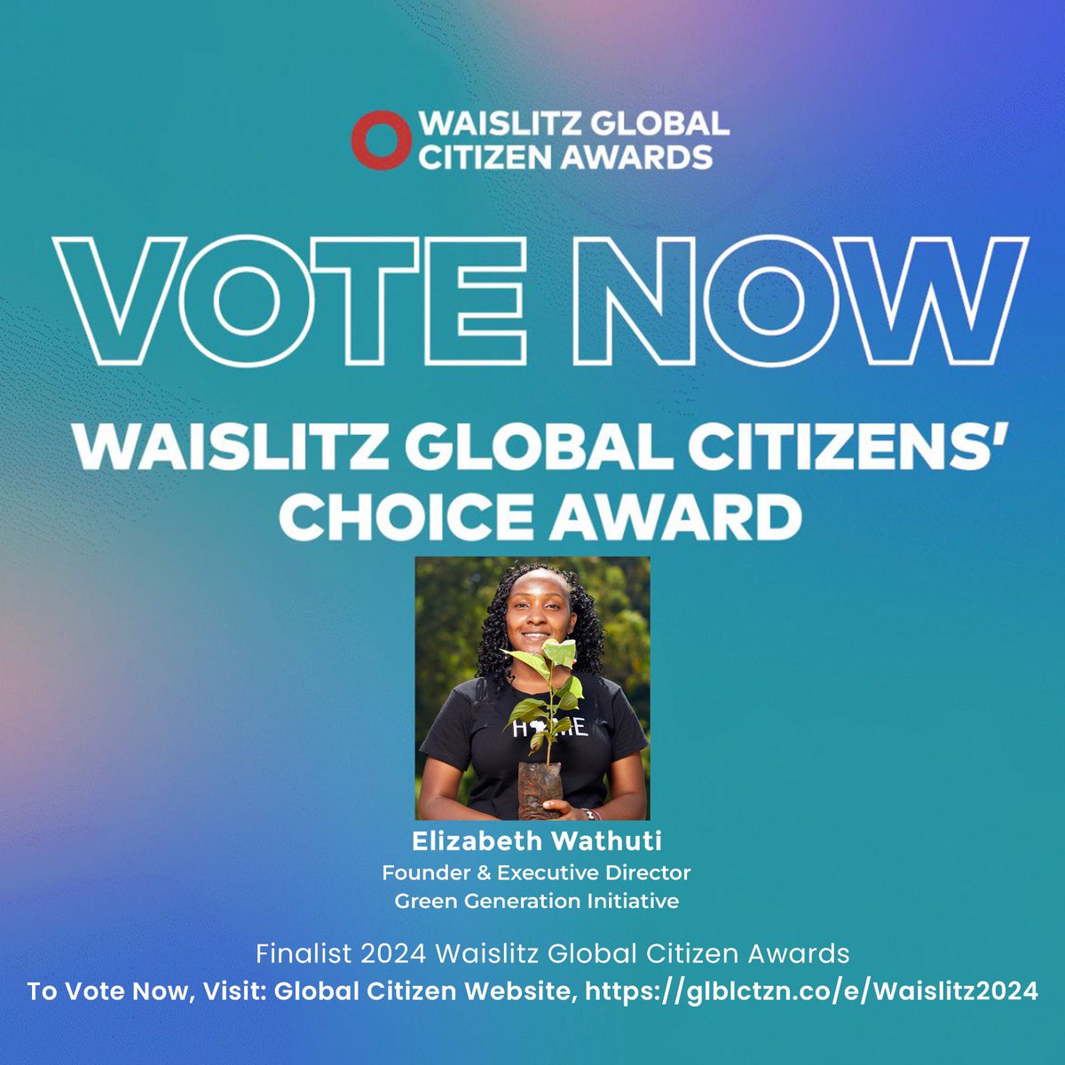 Huge news! Our incredible founder <a href="/lizwathuti/">Elizabeth Wathuti , O.G.W 🇰🇪</a>, is a finalist for the 2024 Waislitz Global Citizen Awards and today is the last day of the public vote! This means a lot to the work that we do <a href="/GGI_Kenya/">Green Generation Initiative (GGI)</a>. Do cast your vote for Elizabeth Wathuti, here: ( glblctzn.co/e/Waislitz2024) 🌍