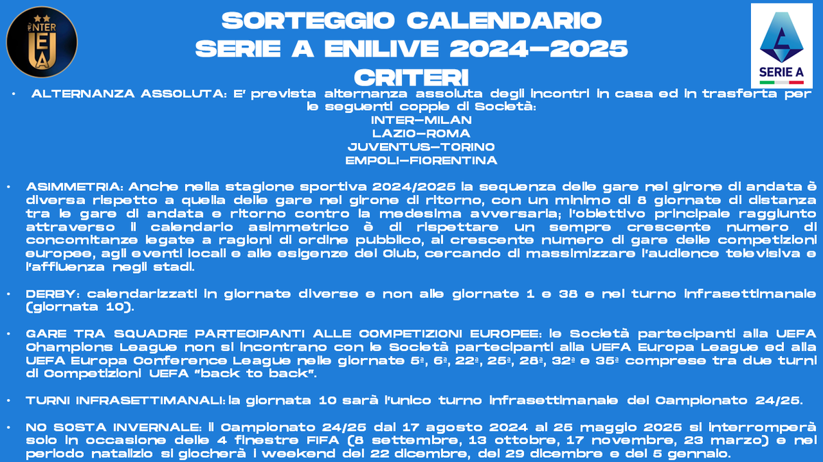 InterUEA's tweet photo. Ecco i #criteri del #sorteggio del #calendario di #SerieAEnilive 2024-2025. https://t.co/oKytu9JRPl