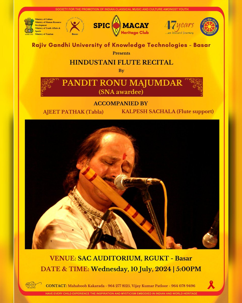 "Experience the magic of the flute! SPIC MACAY Heritage club RGUKT Basar presents HINDUSTANI FLUTE RECITAL by Pandit Ronu Majumder on July 10th"
<a href="/spicmacay/">SPIC MACAY</a> 
<a href="/smtelangana/">SPIC MACAY in TELANGANA</a>