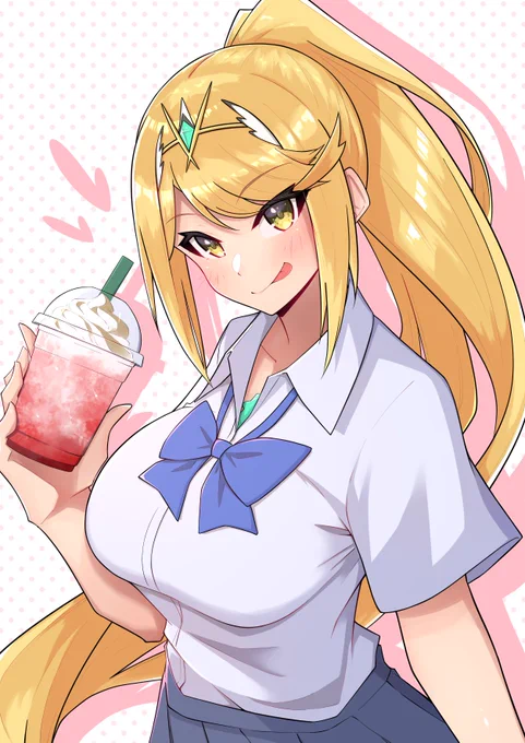今日もメチャクチャ暑かったのでひんやり夏服なヒカリちゃん再掲。ヒカリちゃんのフラペチーノで涼みたいですも( ˘ω˘ )#ゼノブレイド2 #XenobladeChronicles2 