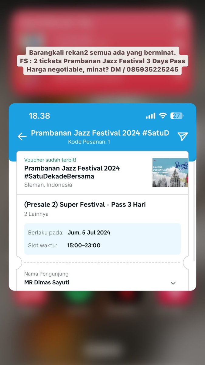 FS : PRAMBANAN JAZZ FESTIVAL 3DAYS PASS. Tersedia 2 Tiket, beli semua harga spesial. JAMIN MURAH karena mendadak gabisa datang. Minat DM #Jualtiketpjf #prambananjazzfestival #tiketpjf