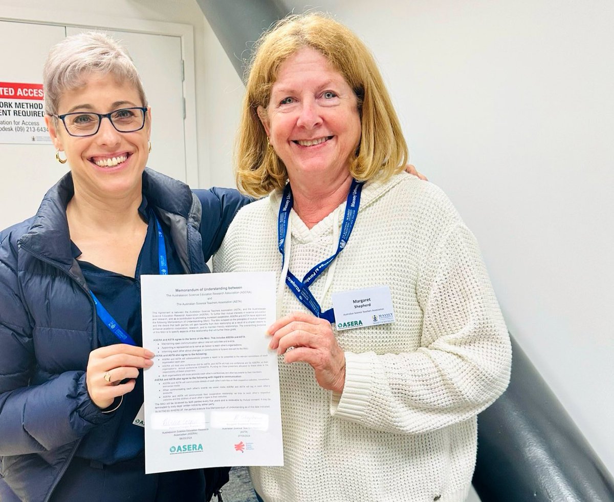 ASERA (@aseraeducation) on Twitter photo 📢 Wonderful to announce the signing of our MoU with <a href="/ASTA_online/">Australian Science Teachers Association</a> 👏
Signed today at #ASERA55 by our presidents <a href="/BecCooper3/">Bec Cooper</a> (ASERA) & Marg Shepherd (ASTA) 🙂
We look forward to working together to forge/maintain connections between #ScienceEducation researchers & educators 🤝 📢 Wonderful to announce the signing of our MoU with <a href="/ASTA_online/">Australian Science Teachers Association</a> 👏
Signed today at #ASERA55 by our presidents <a href="/BecCooper3/">Bec Cooper</a> (ASERA) & Marg Shepherd (ASTA) 🙂
We look forward to working together to forge/maintain connections between #ScienceEducation researchers & educators 🤝