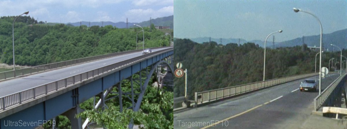 omosiro_record's tweet photo. ターゲットメン(1971)10話 見てたら道志橋映ってた。津久井湖周辺がロケ地になってるみたい。気になるな～。昭和の景色や車がたまりません。
#ウルトラセブン #ロケ地 https://t.co/jiFTi85rMf