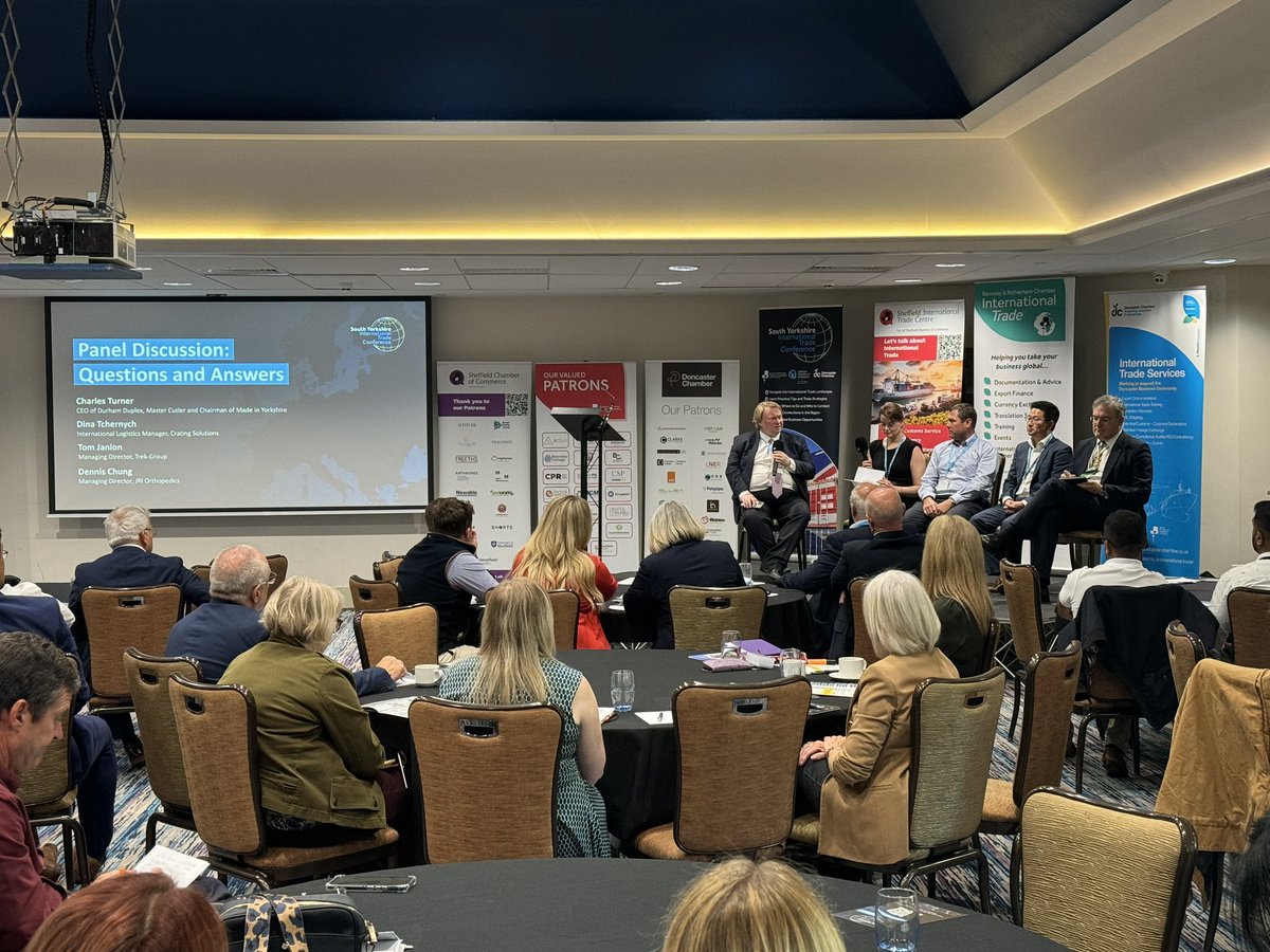 The presentations are over and now its time to get the audience 
involved. The panel 
Q&amp;A has started. We welcome panellists from Crating Solutions, 
<a href="/Master_Cutler/">Master Cutler</a>, Durham Duplex, Trek-Group, &amp; <a href="/JRIOrthopaedics/">JRI Orthopaedics</a>. Hosted by William Bain from <a href="/britishchambers/">BCC</a> 
#SYITC24